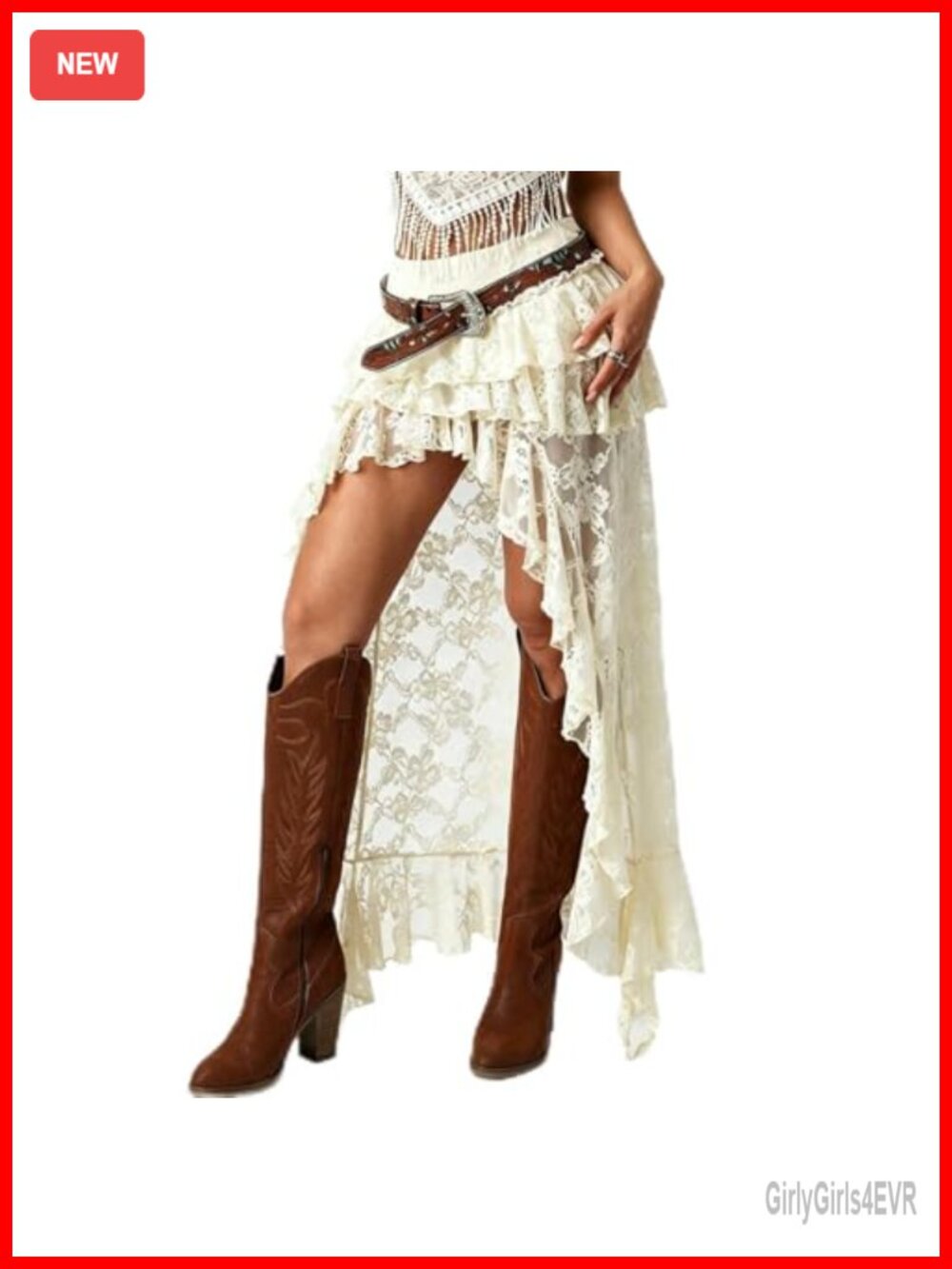 Lace Layered High Low Ruffle Maxi Skirt Asymmetrical Tiered Flowy Boho